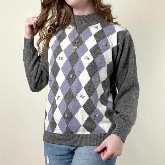 Vintage Argyle 3-D Knit Floral Embroidered Knit Mock Neck Crew Sweater Preppy 3D - Picture 4 of 7